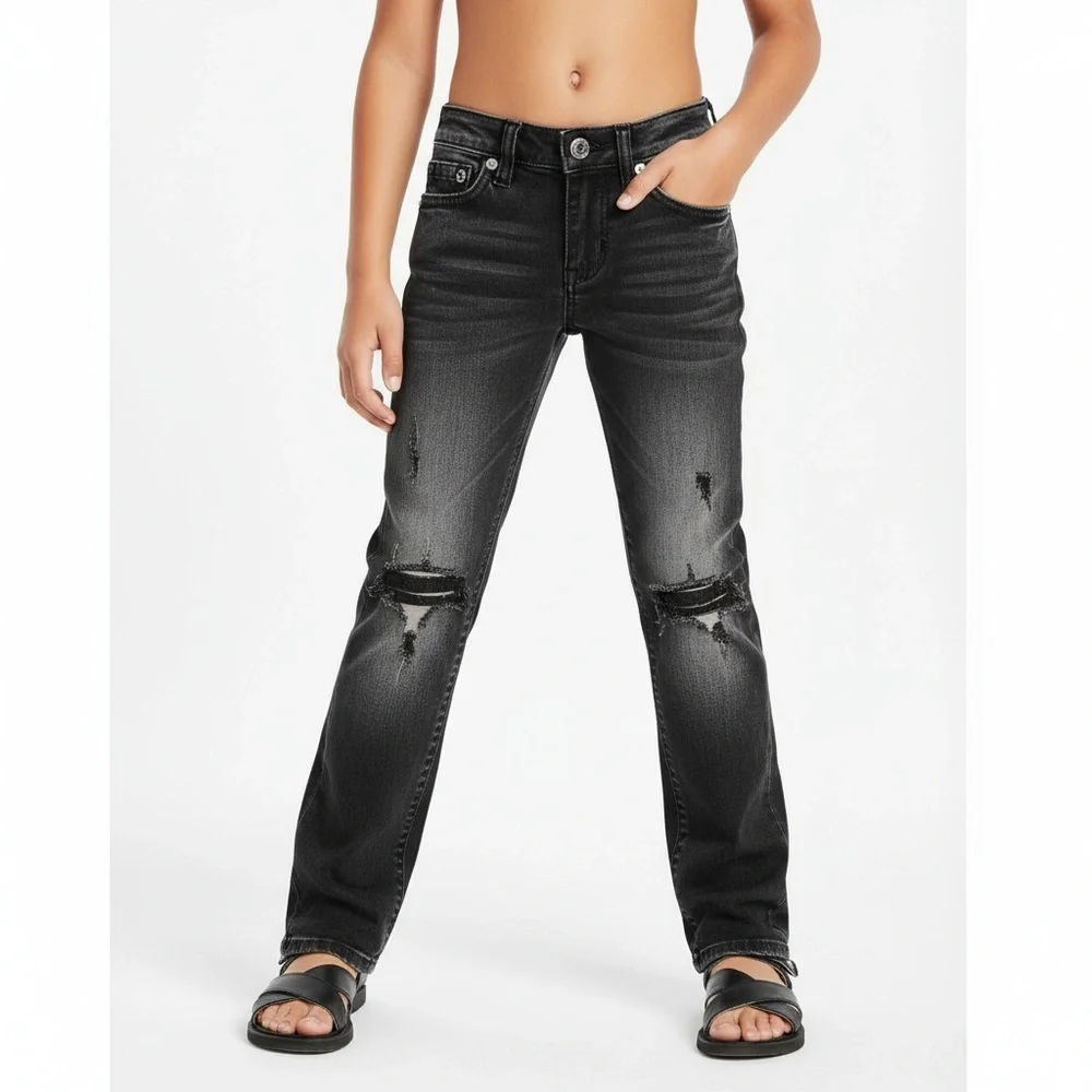 True Religion Jeans Kids Size 7 Black Gray Straight Leg Flap Pockets jeans